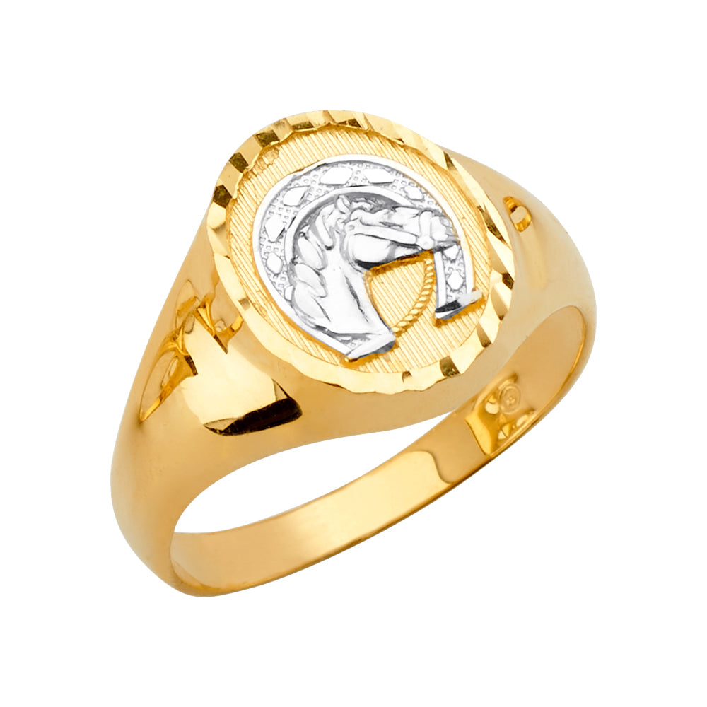 14K Two Tone Gold Round Men'S Ring W/Horse Shoe