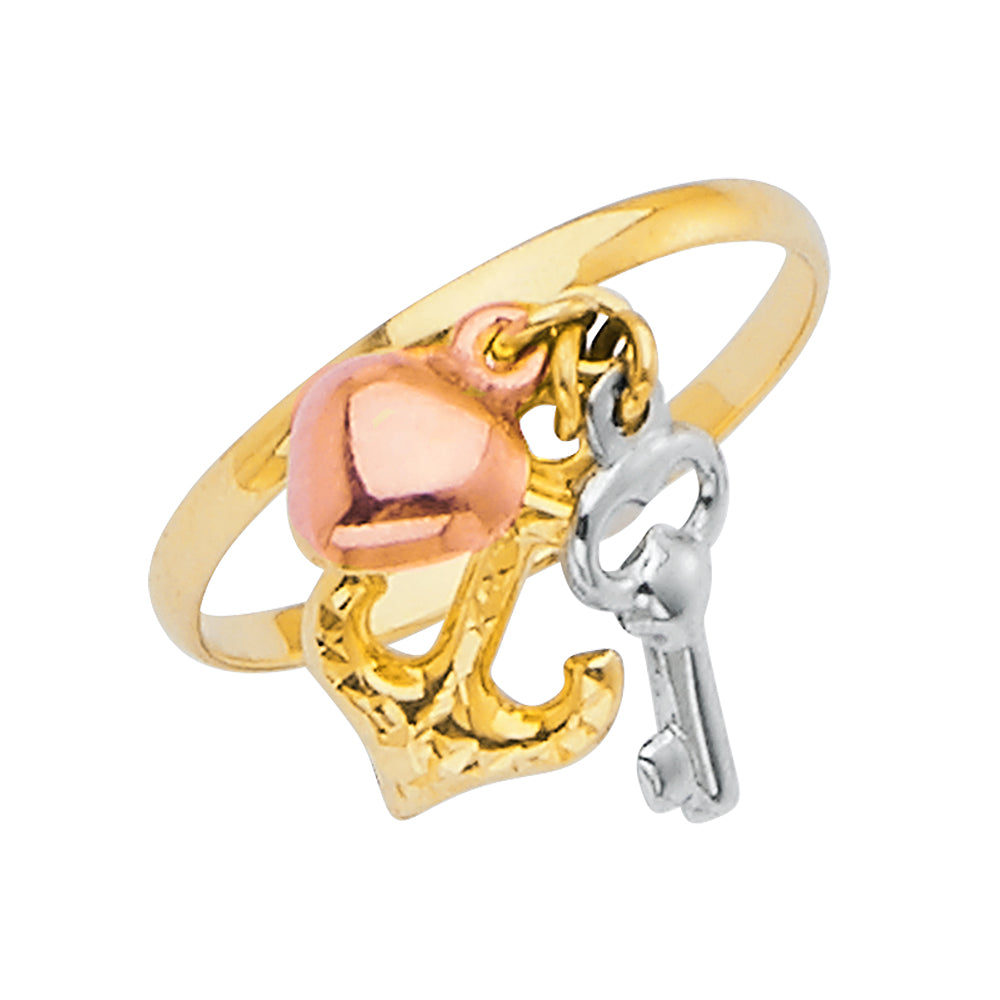 14K Yellow White Rose Gold Ring W/Yellow White Rose Gold Hanging Charm