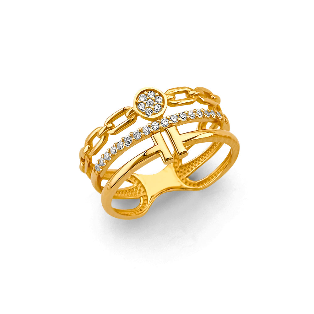 14K Yellow Gold 3 Line Fancy CZ Ring