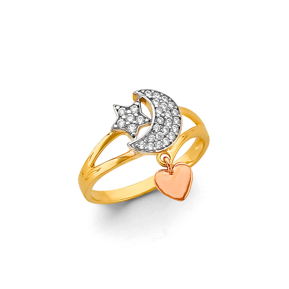 14K Yellow White Rose Gold CZ Star, Moon & Heart Ring