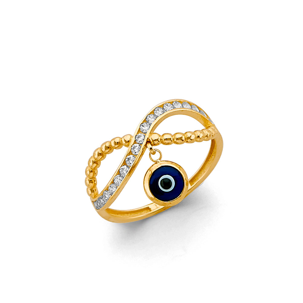 14K Yellow Gold Hanging Evil Eye Ring