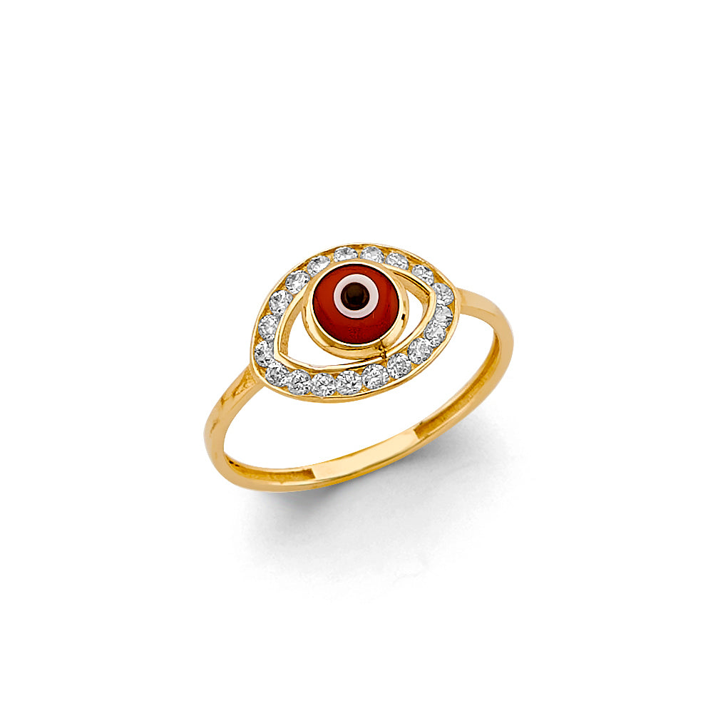 14K Yellow Gold CZ Red Evil Eye Ring