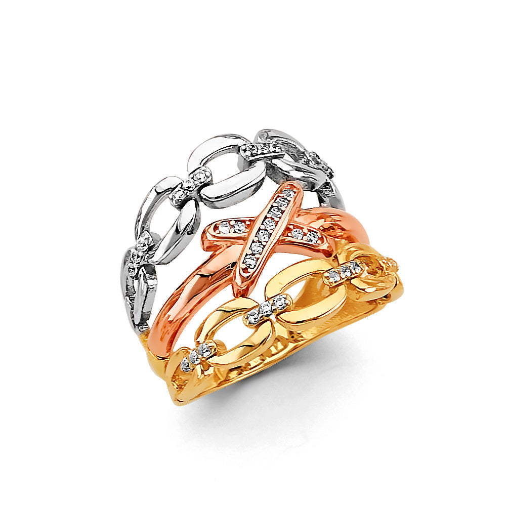 14K Yellow White Rose Gold CZ 3Line Ring