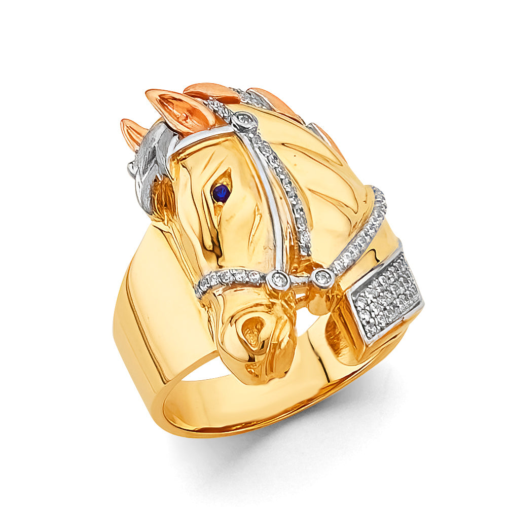14K Yellow White Rose Gold Horse Men'S CZ Ring