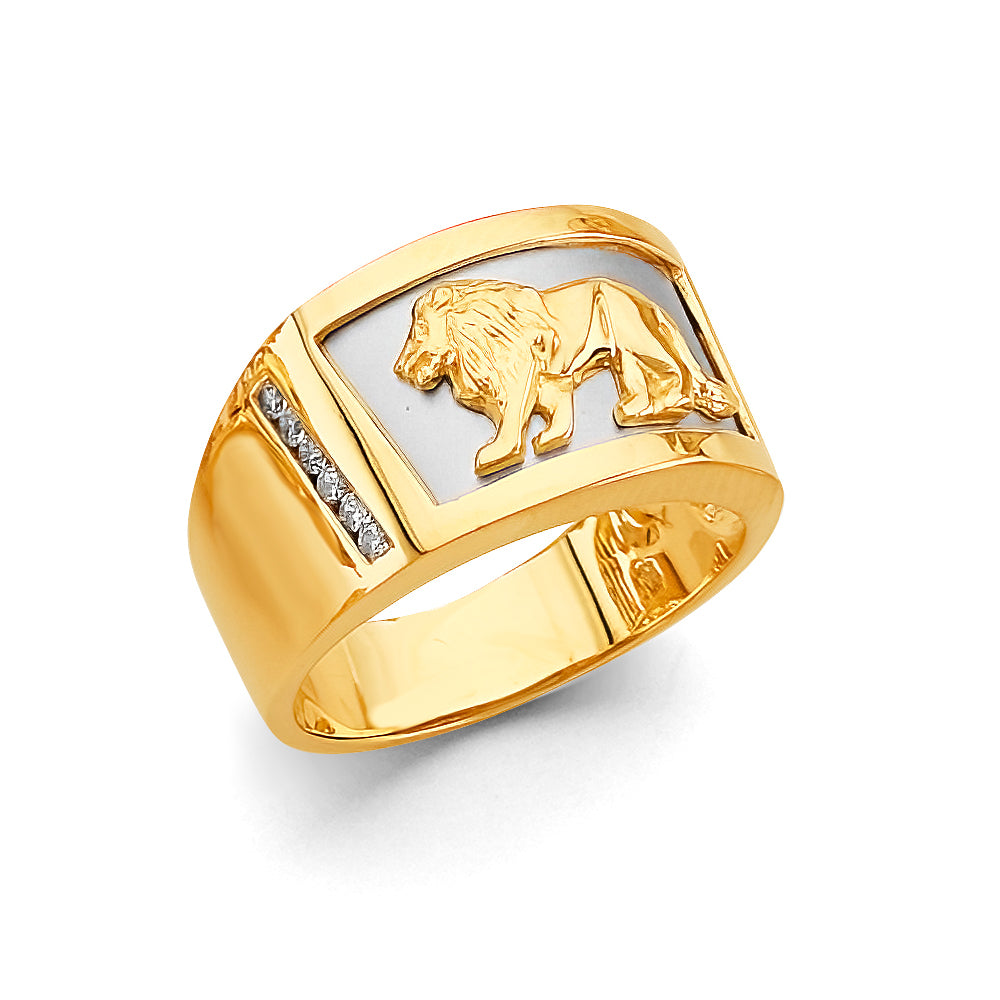14K Two Tone Gold Lion Men'S CZ Ring