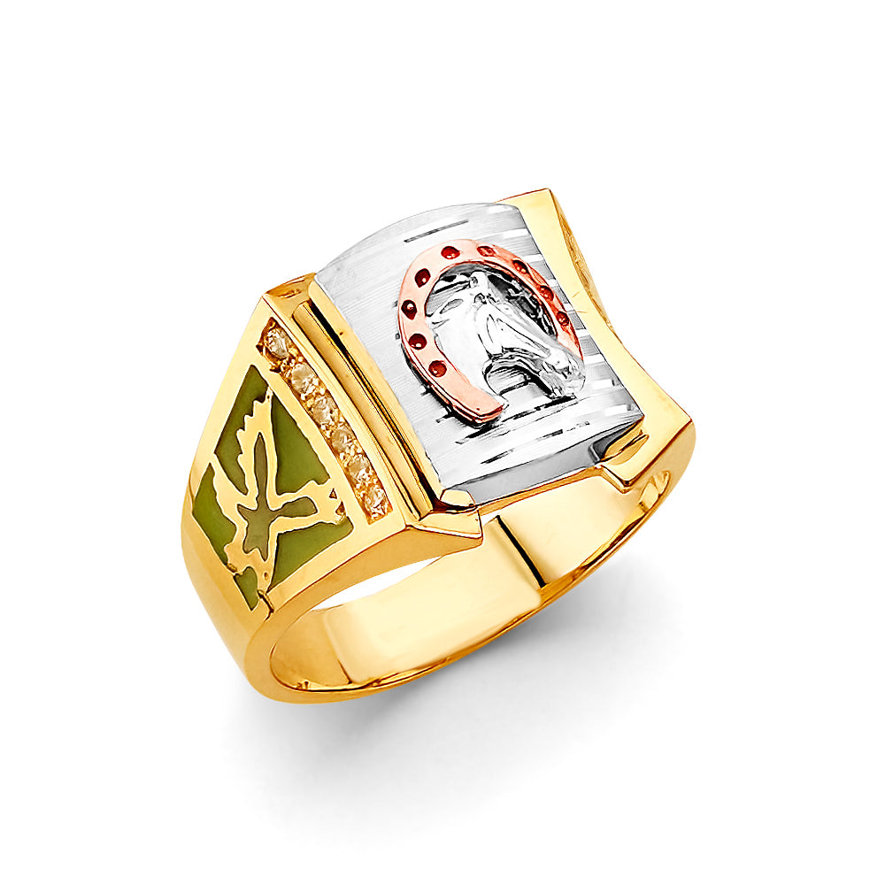 14K Yellow White Rose Gold Horseshoe Men'S Ring