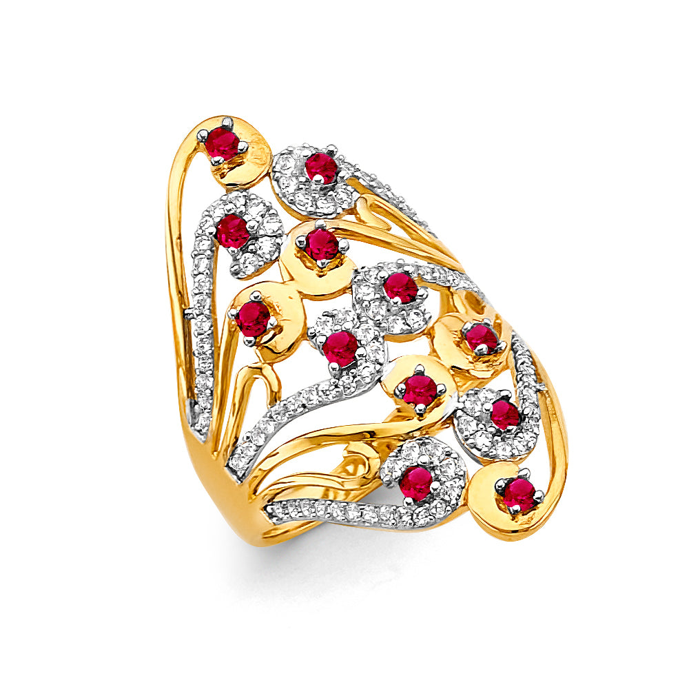 14K Yellow Gold Multi Line Red CZ Ring
