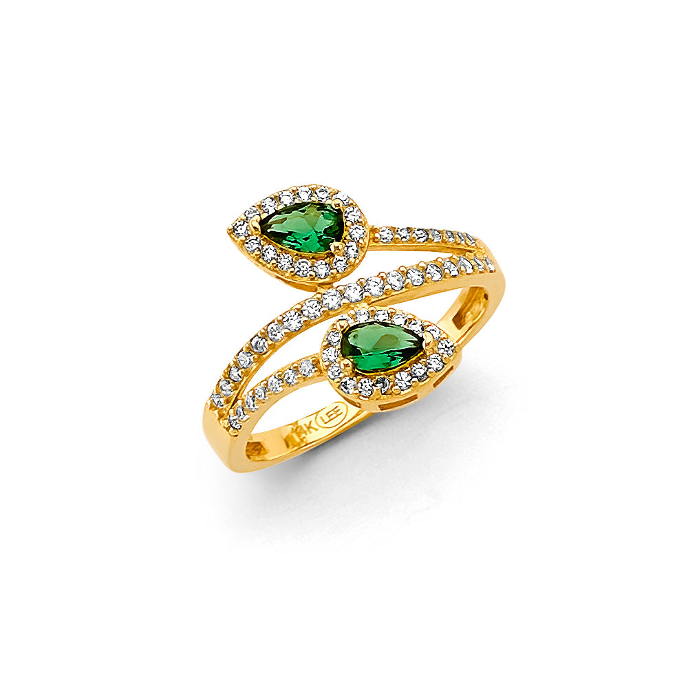 14K Yellow Gold Leaf Green CZ Ring