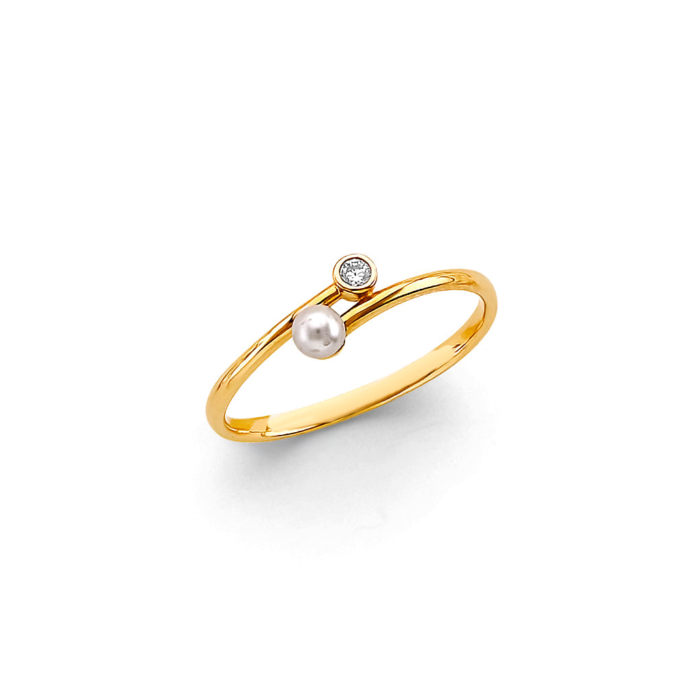14K Yellow Gold Pearl CZ Ring