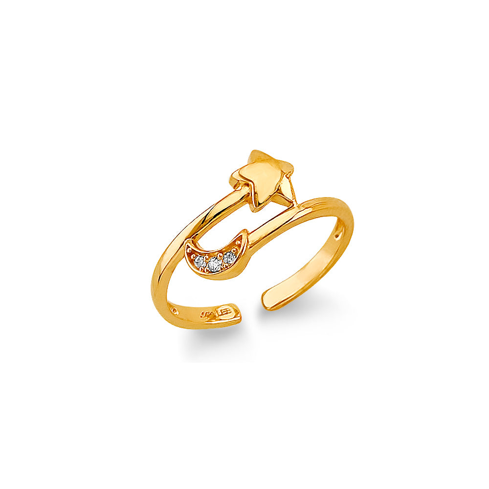 14K Yellow Gold CZ Star & Moon Toe Ring