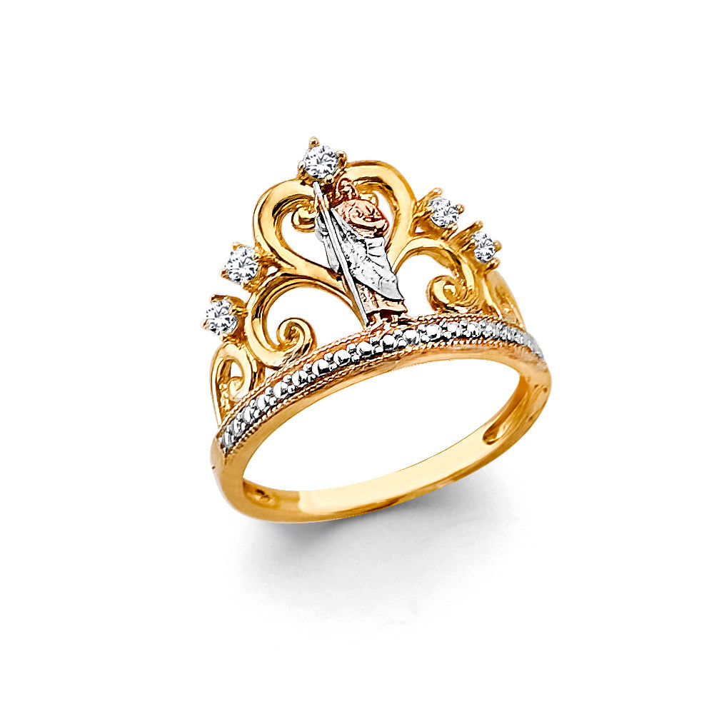 14K Yellow White Rose Gold Crown St. Jude CZ Ring