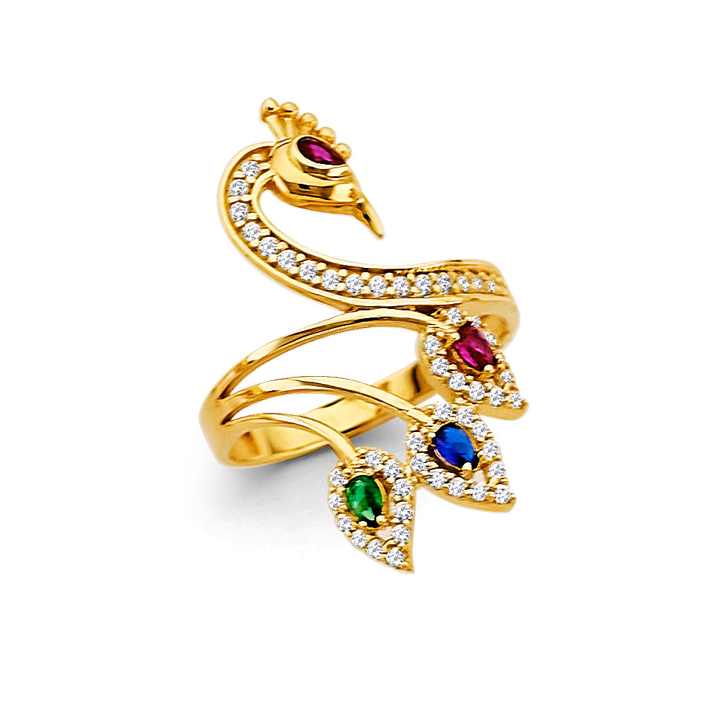 14K Yellow Gold Multi Color CZ Peacock Ring