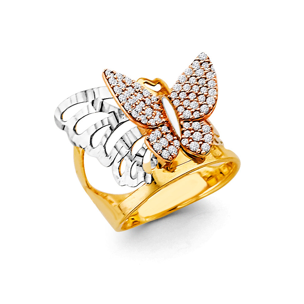 14K Yellow White Rose Gold CZ Butterfly Ring