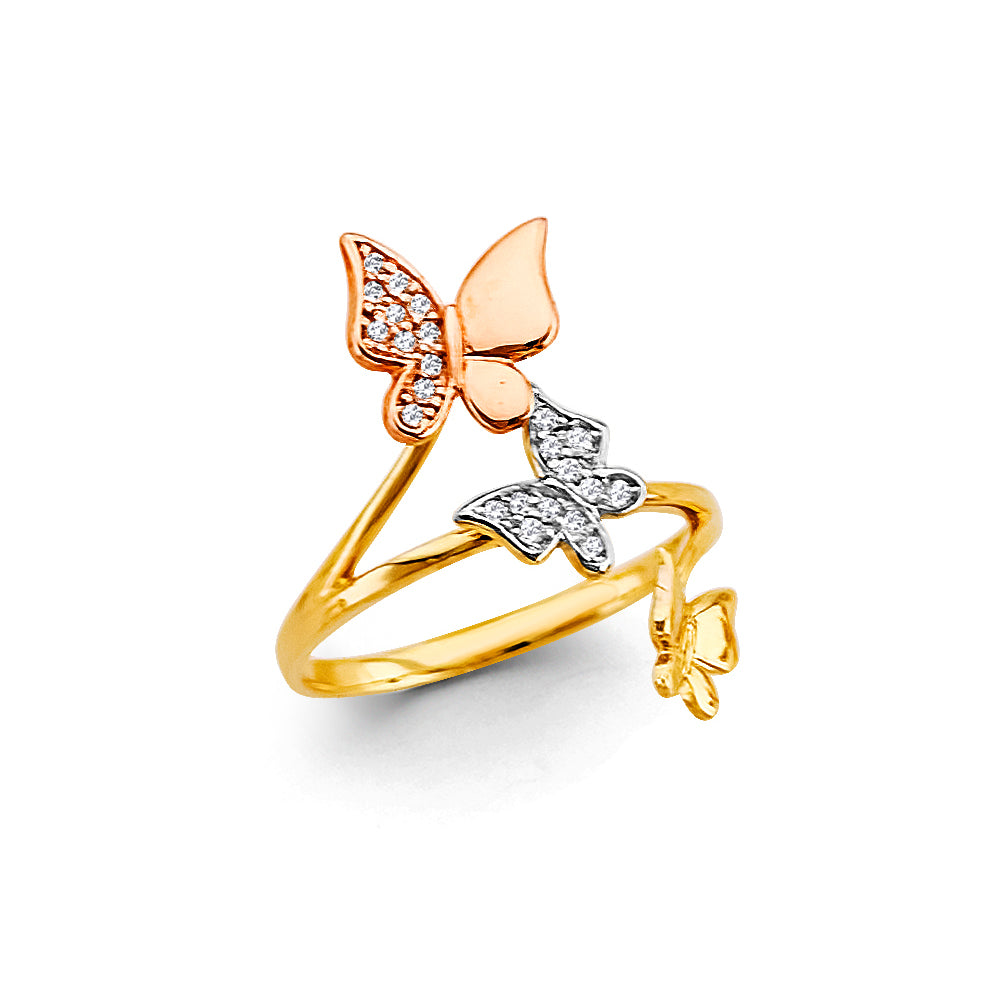 14K Yellow White Rose Gold 3 Butterfly CZ Ring