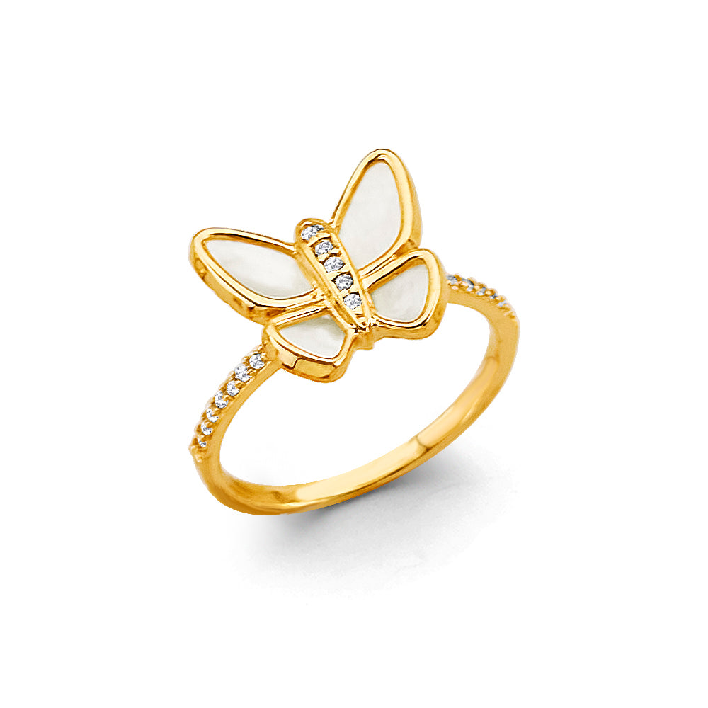 14K Yellow Gold Mop Butterfly CZ Ring