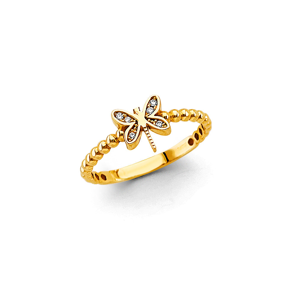 14K Yellow Gold CZ Dragonfly Ring
