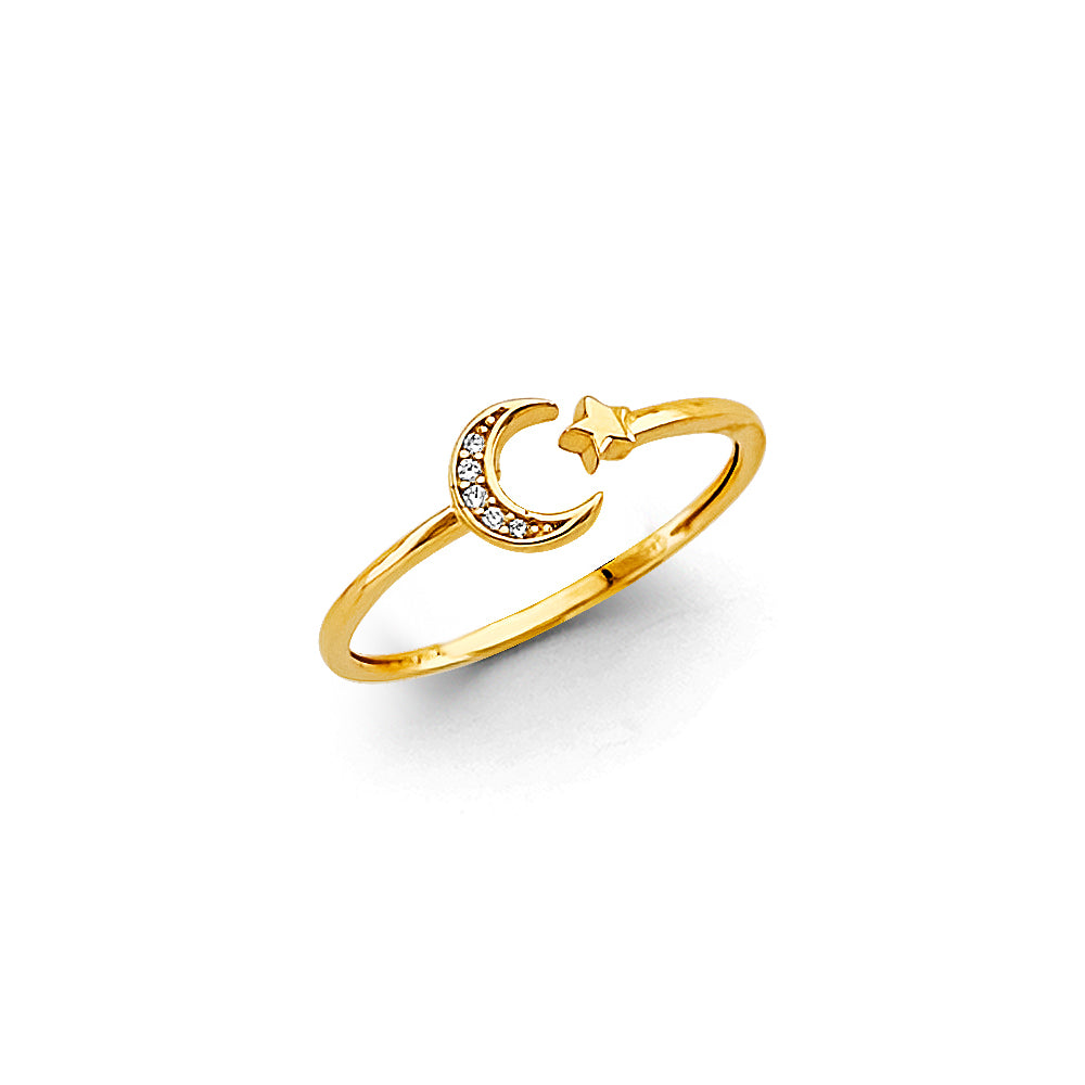 14K Two Tone Gold Moon & Star Open Ring