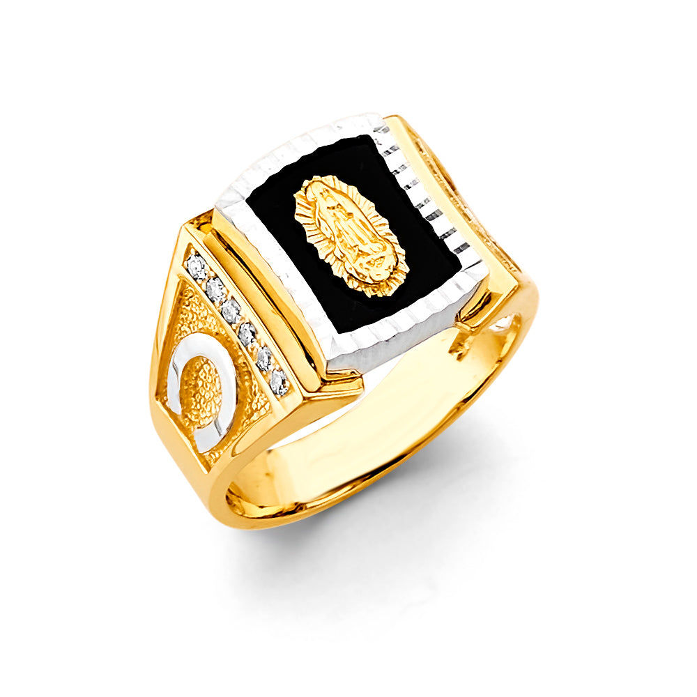 14K Two Tone Gold Onyx Guadalupe Men'S CZ Ring