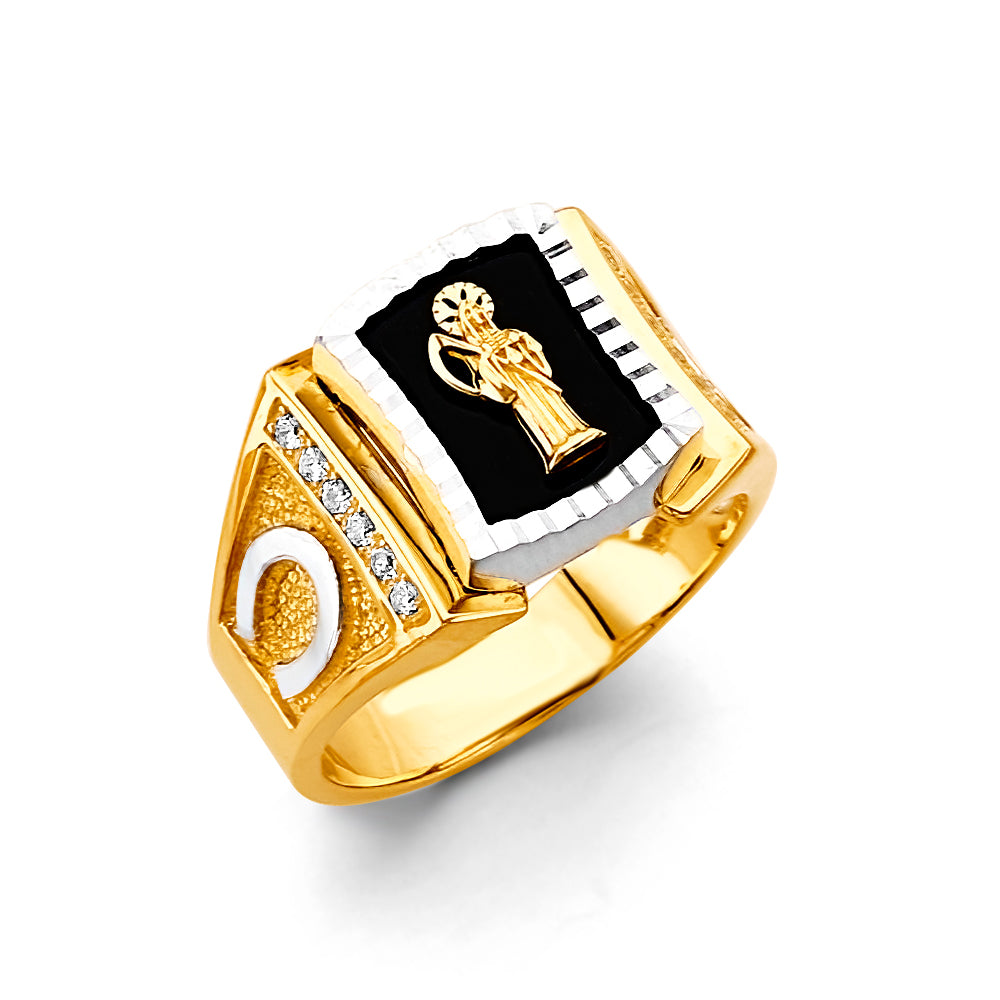 14K Two Tone Gold Onyx Santa Muerte Men'S CZ Ring