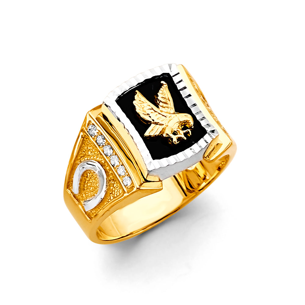 14K Two Tone Gold Onyx Eagle Men'S CZ Ring