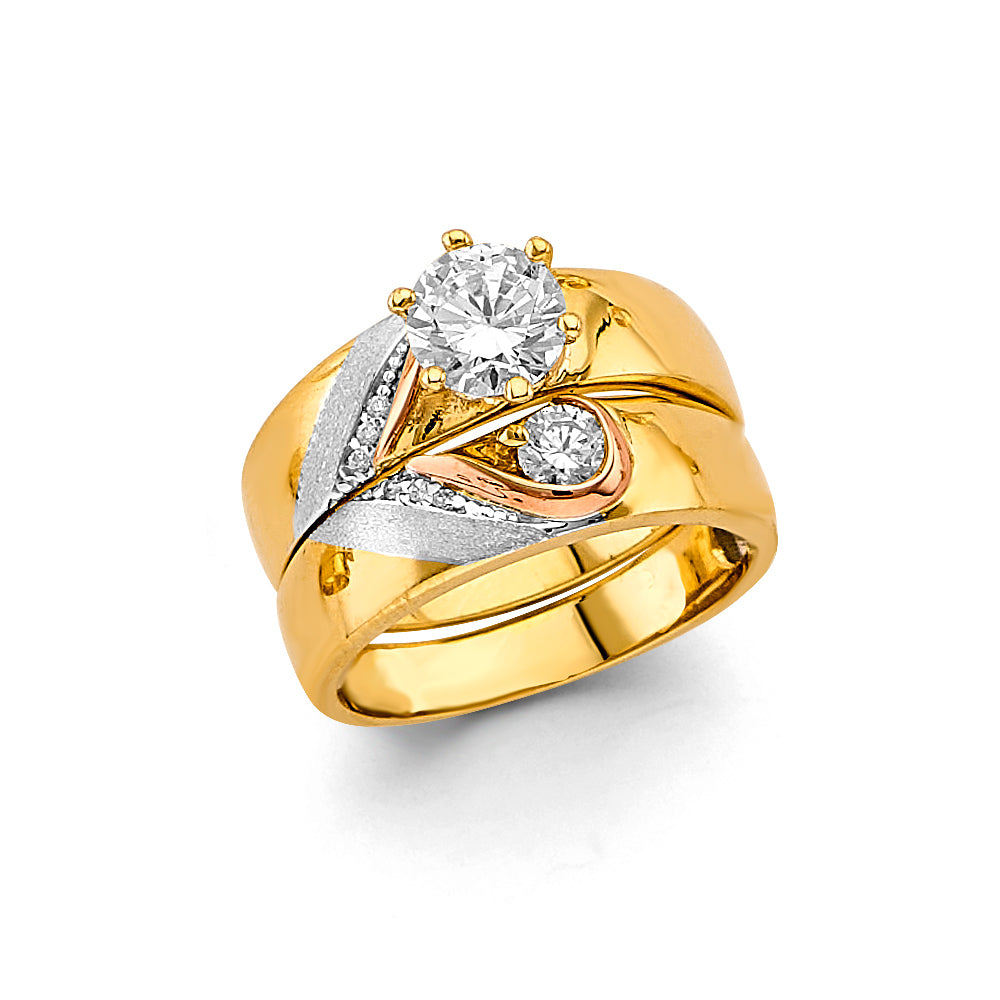 14K Two Tone Gold Ladies CZ Wedding Band / Trio Set