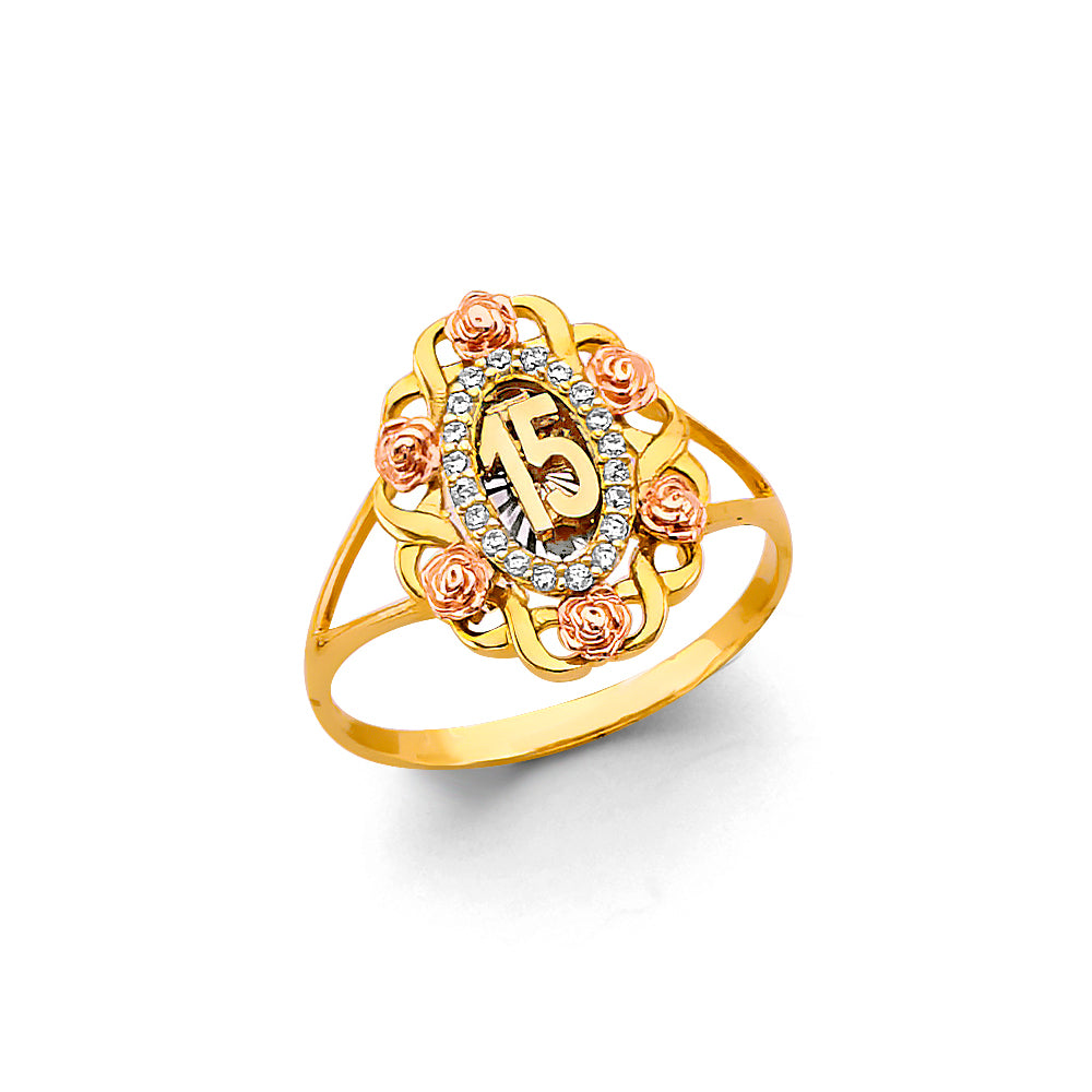14K Yellow White Rose Gold Flower 15 Years Ring