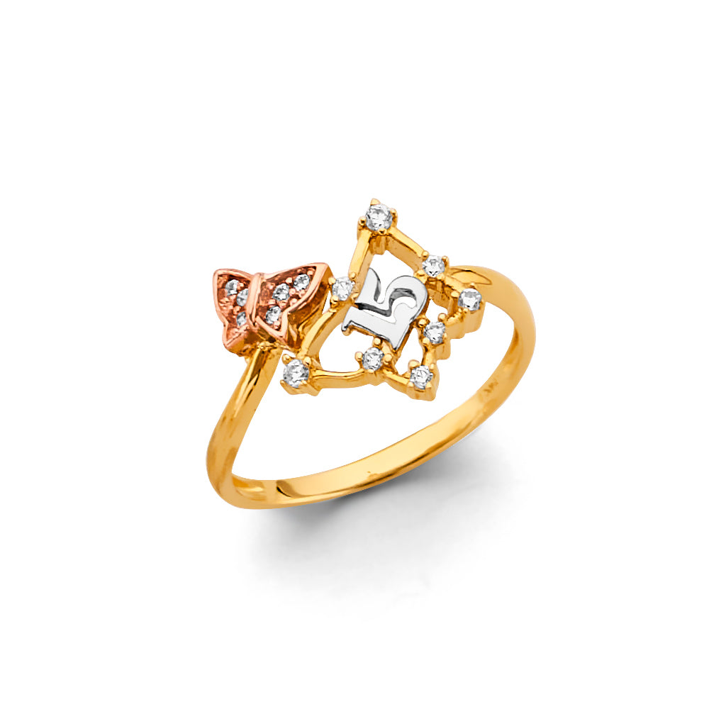 14K Yellow White Rose Gold CZ Butterfly 15 Years Ring