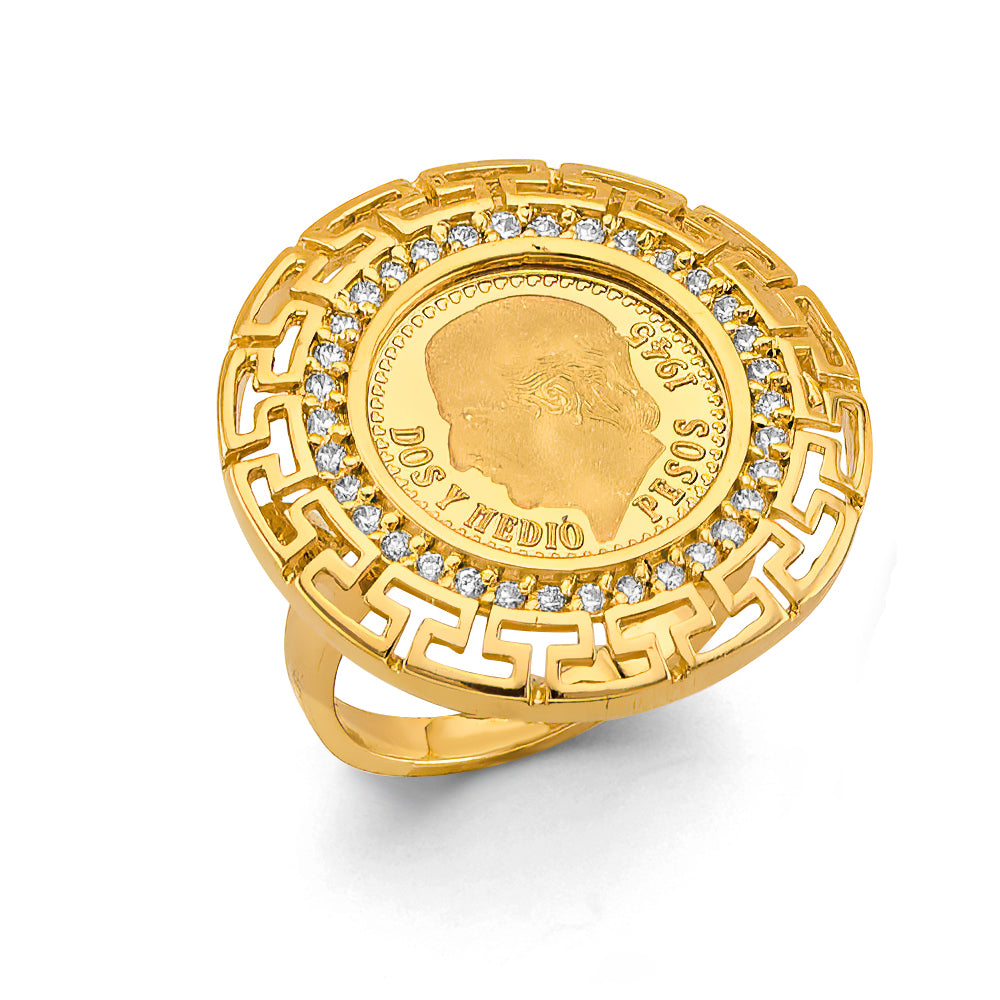 14K Yellow Gold CZ Greek 2.5 Pesos Coin Ring / Set