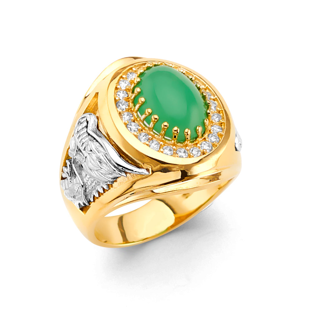 14K Two Tone Gold Jade Men'S CZ Ring