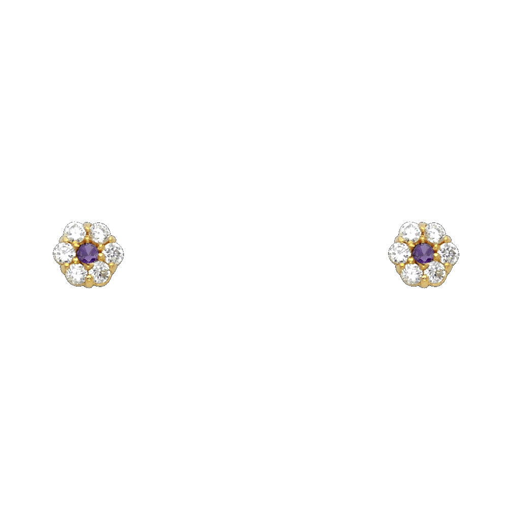 14K Yellow Gold Flower Leaf CZ Screw Stud Earrings (Jan -  Dec)