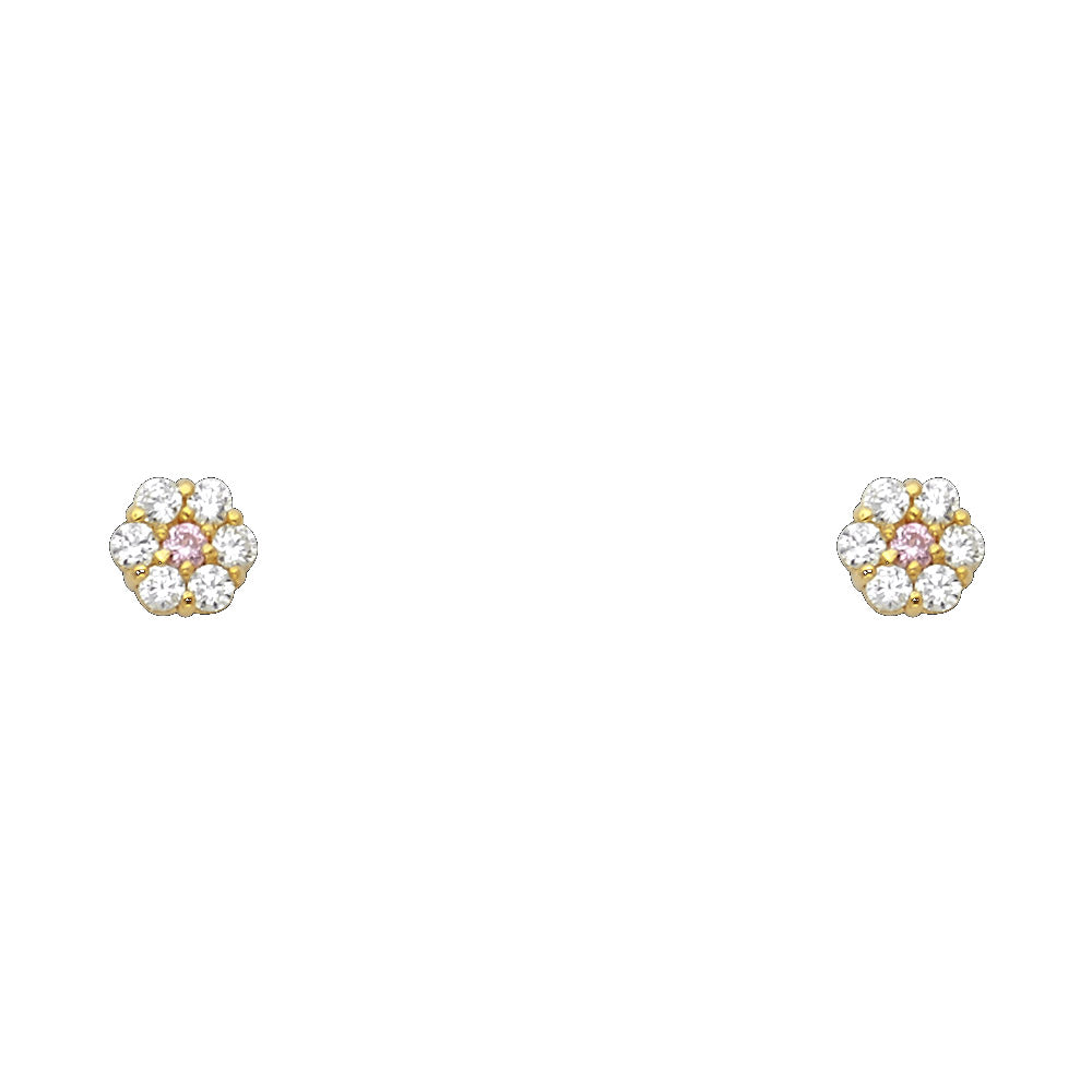 14K Yellow Gold Flower Leaf CZ Screw Stud Earrings (Jan -  Dec)