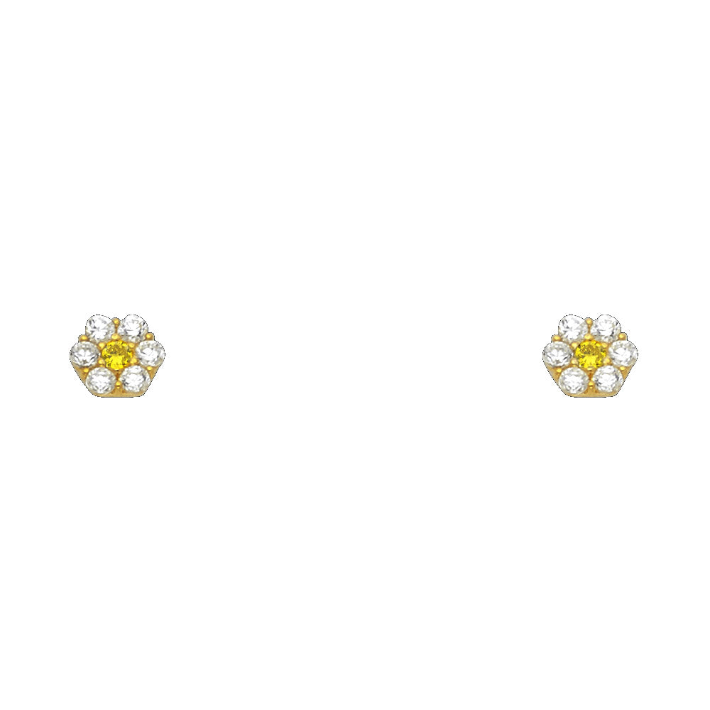 14K Yellow Gold Flower Leaf CZ Screw Stud Earrings (Jan -  Dec)