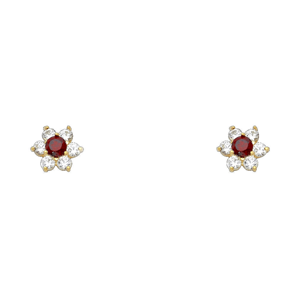 14K Yellow Gold Flower CZ Screw Stud Earrings (Jan - Dec)