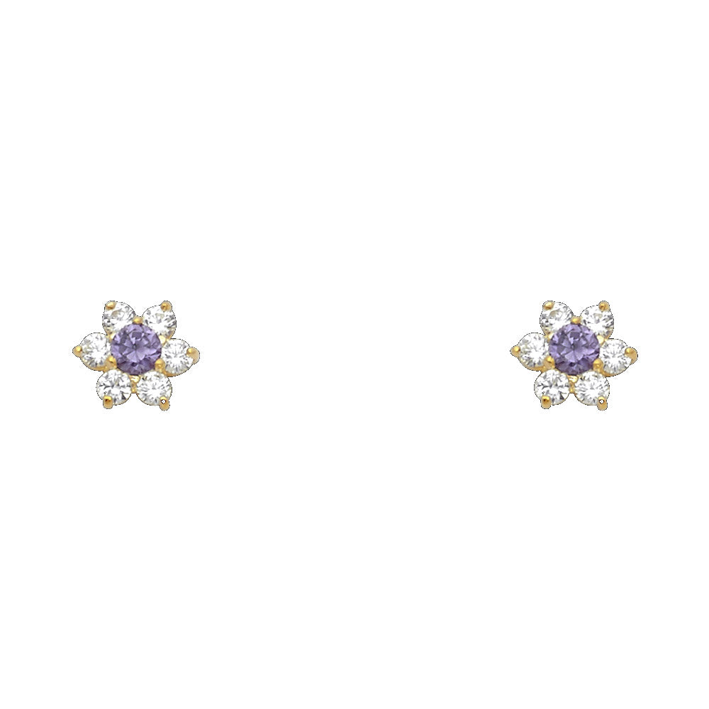14K Yellow Gold Flower CZ Screw Stud Earrings (Jan - Dec)