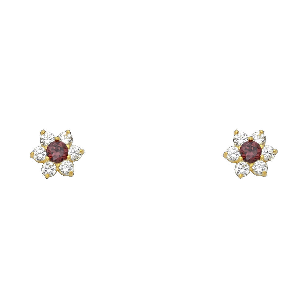 14K Yellow Gold Flower CZ Screw Stud Earrings (Jan - Dec)