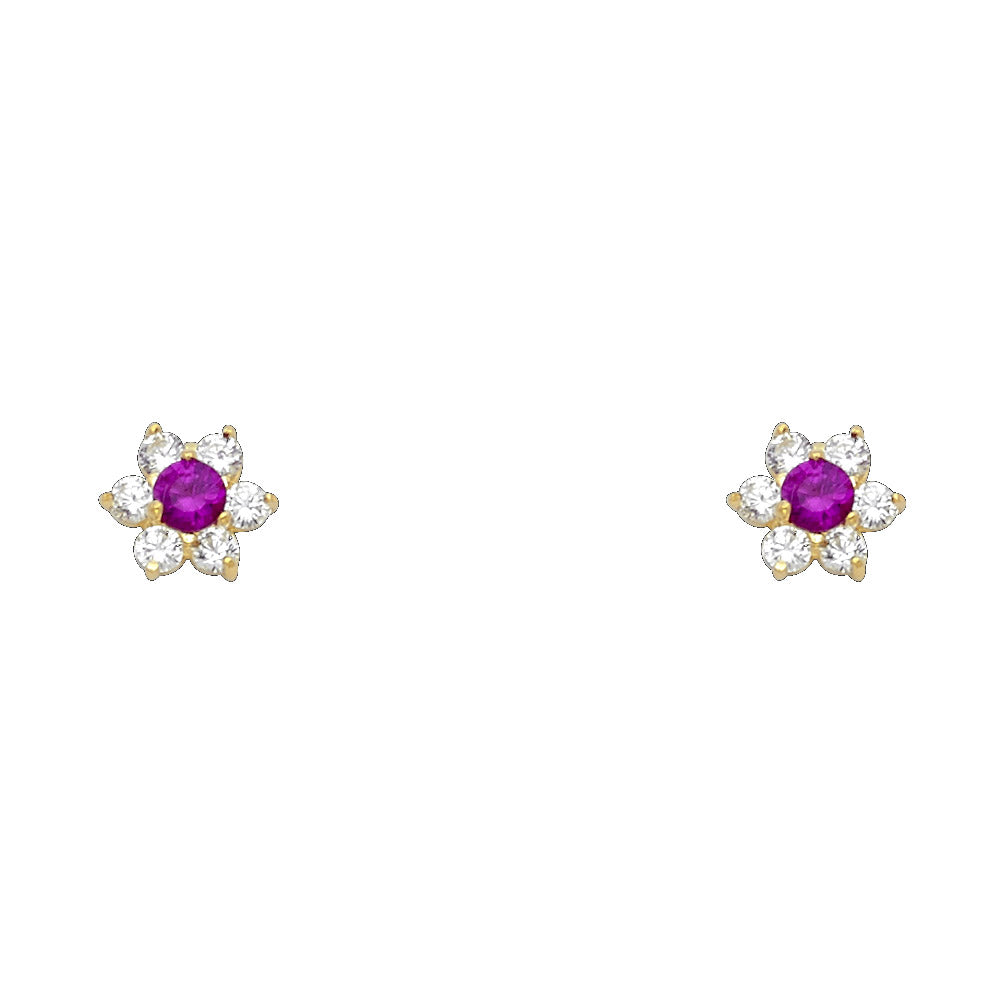 14K Yellow Gold Flower CZ Screw Stud Earrings (Jan - Dec)