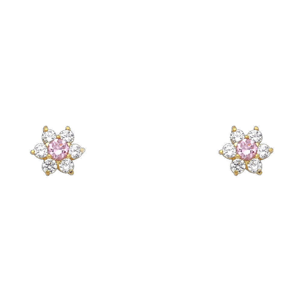 14K Yellow Gold Flower CZ Screw Stud Earrings (Jan - Dec)