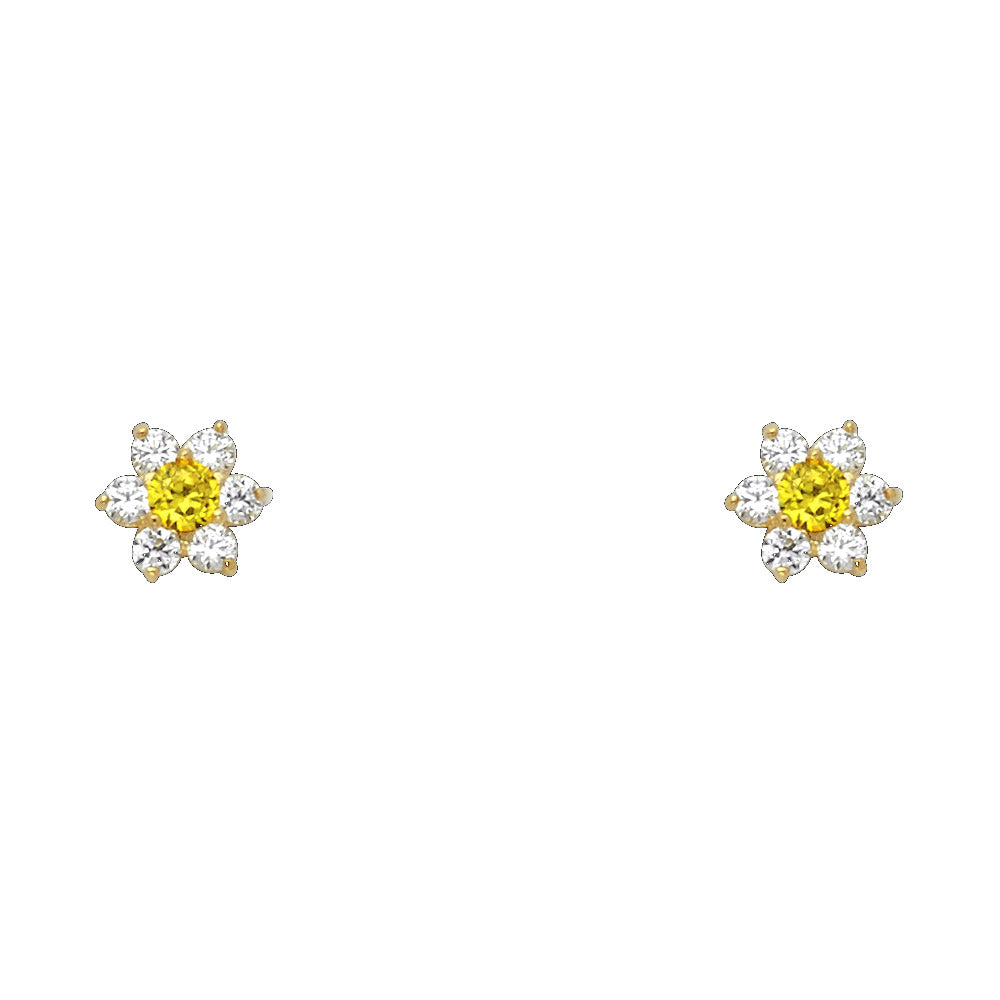 14K Yellow Gold Flower CZ Screw Stud Earrings (Jan - Dec)