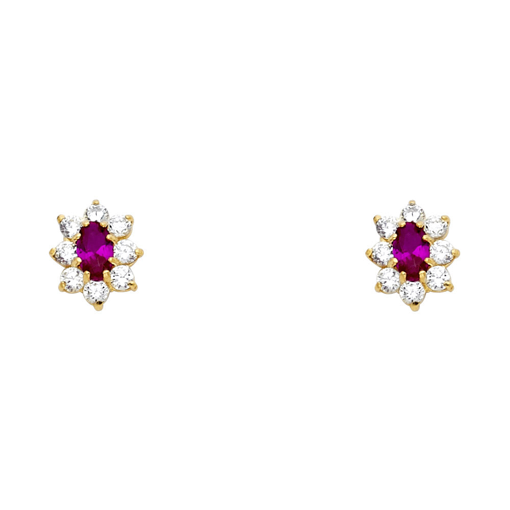 14K Yellow Gold Oval Flower Red CZ Stud (ST208)