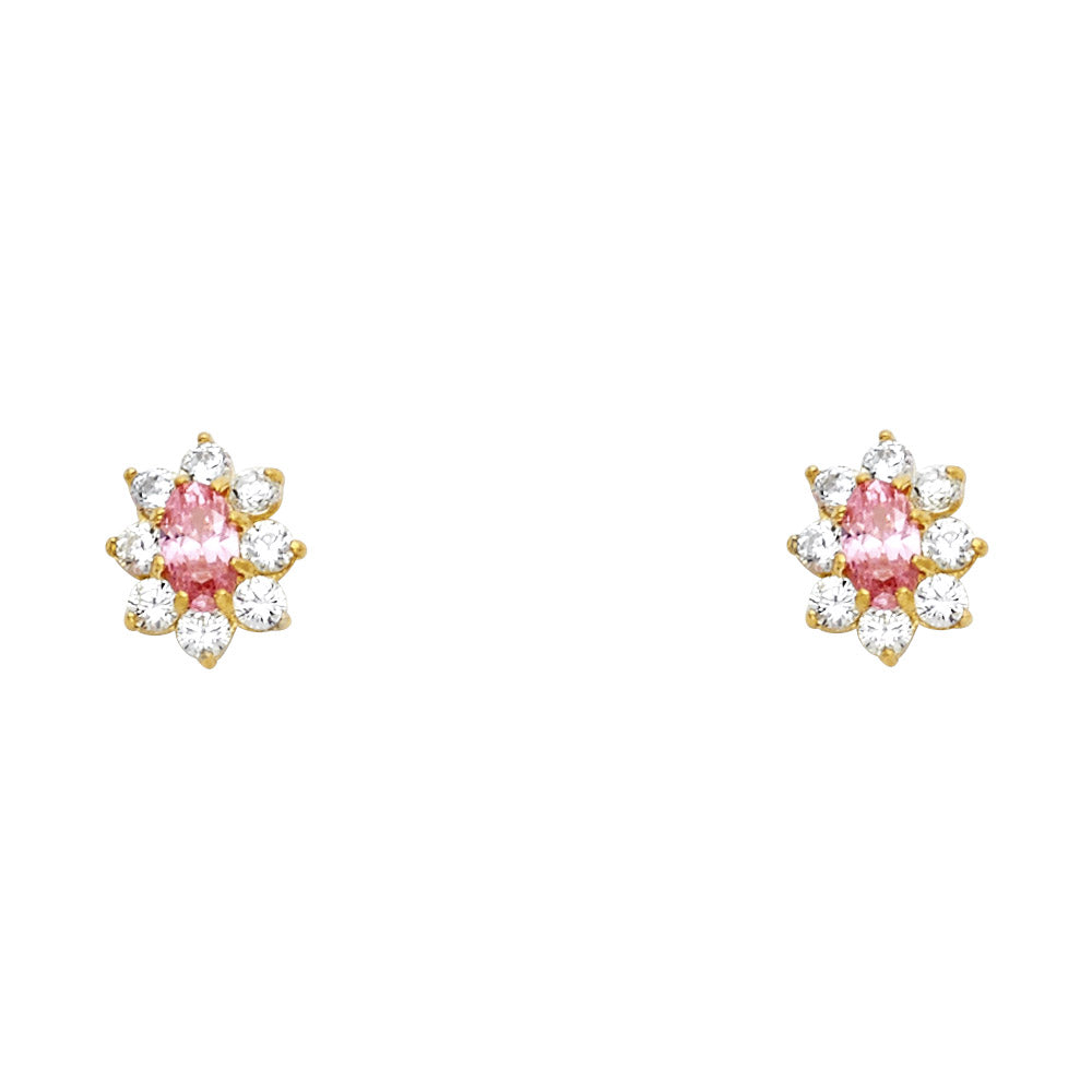 14K Yellow Gold Oval Flower Pink CZ Stud (ST211)