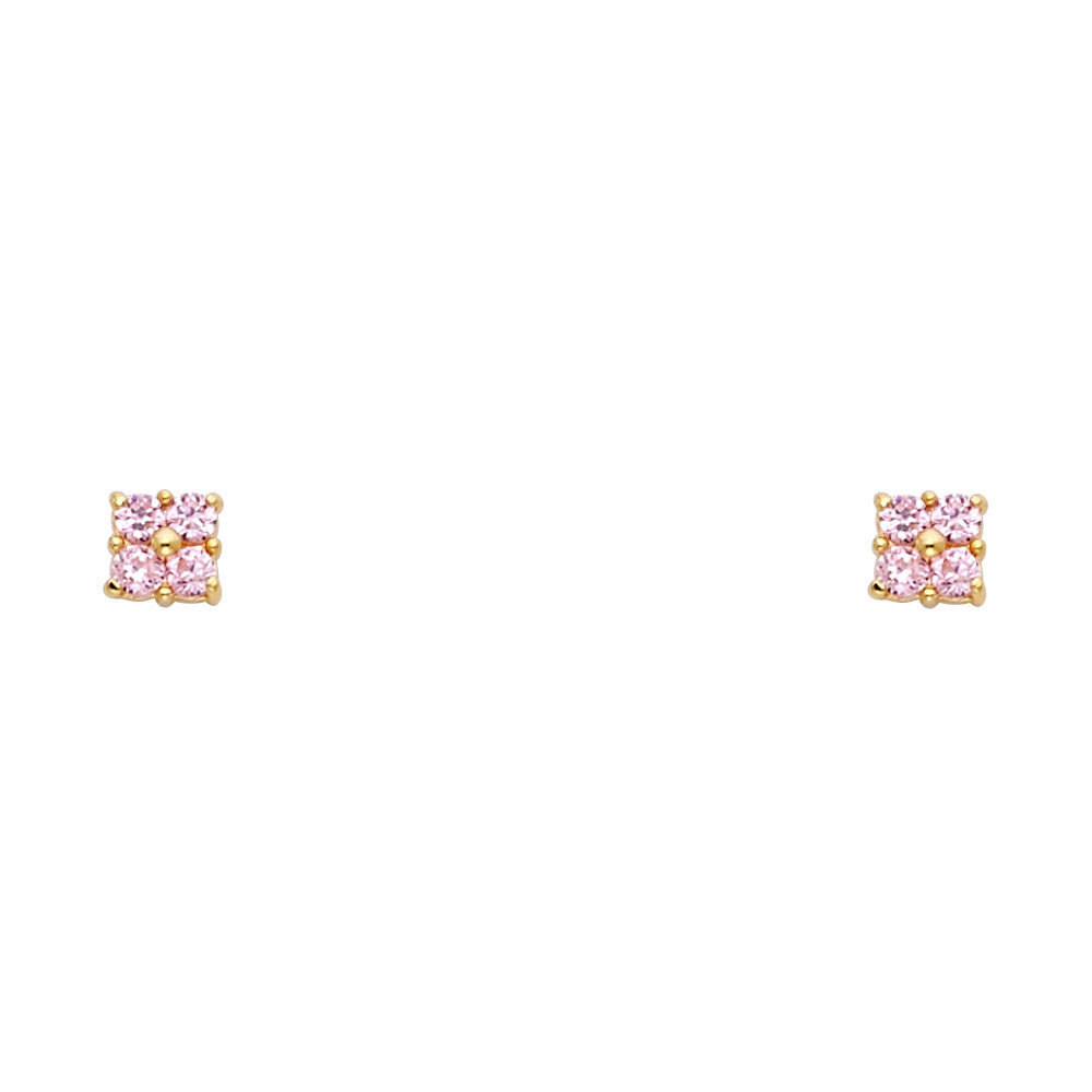 14K Yellow Gold Sm 4Lf Flower Pink CZ Studs (ST216)