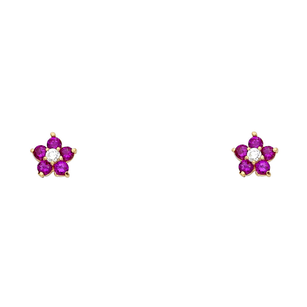 14K Yellow Gold 5Lf Flower Red CZ Studs (ST225)
