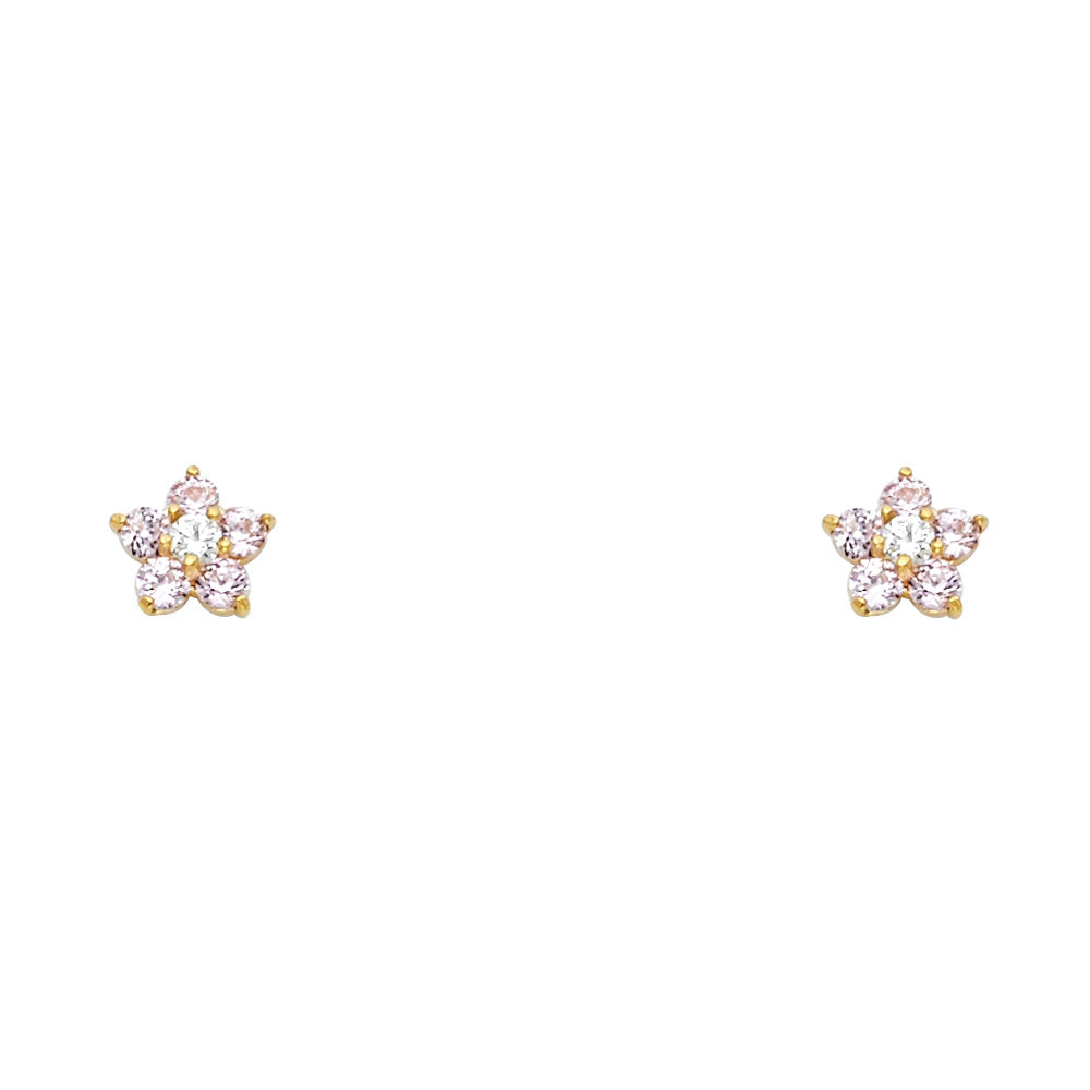 14K Yellow Gold 5Lf Flower Pink CZ Studs (ST227)