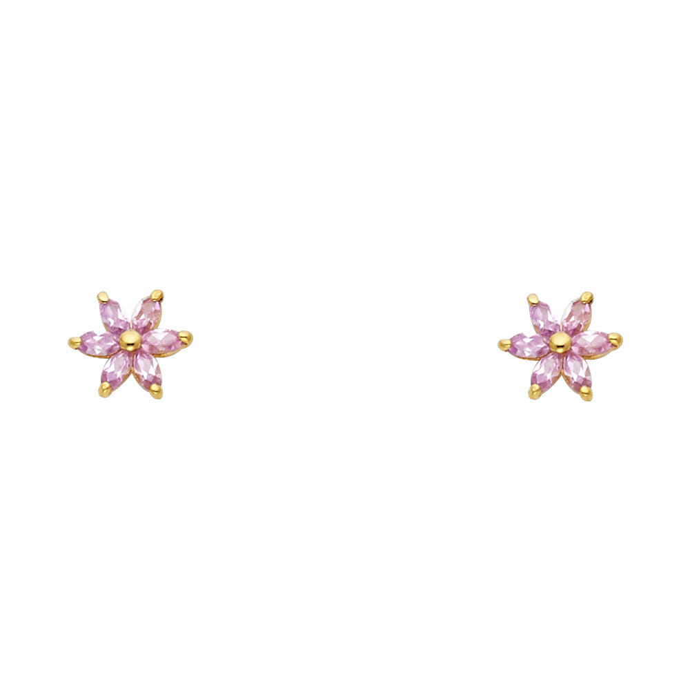 14K Yellow Gold Pink Flower Stud (ST232)