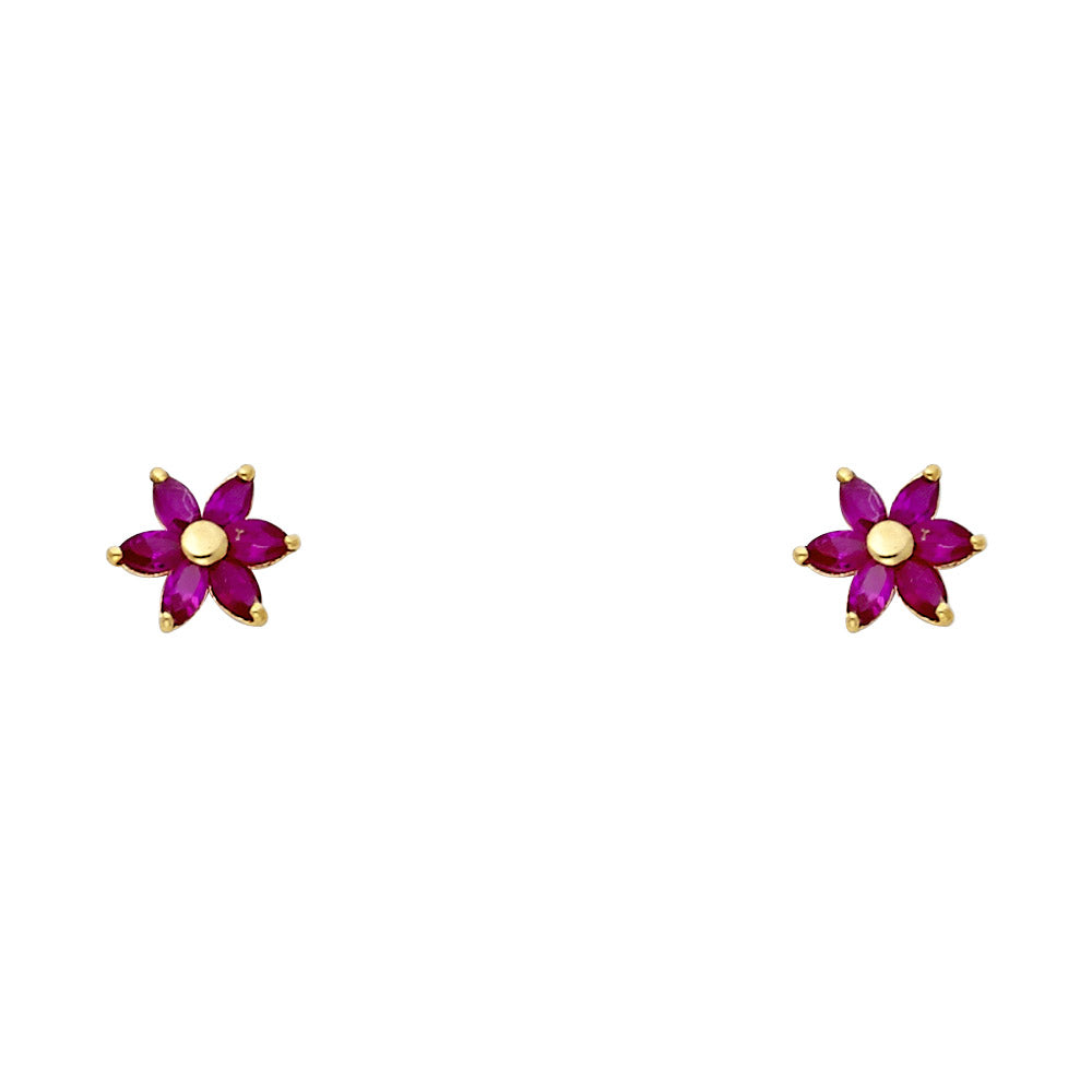 14K Yellow Gold Flower Red CZ Stud (ST234)