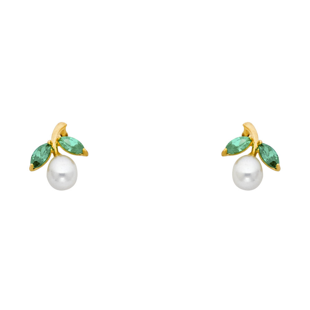 14K Yellow Gold Pearl+Green CZ Branch Stud (ST238)