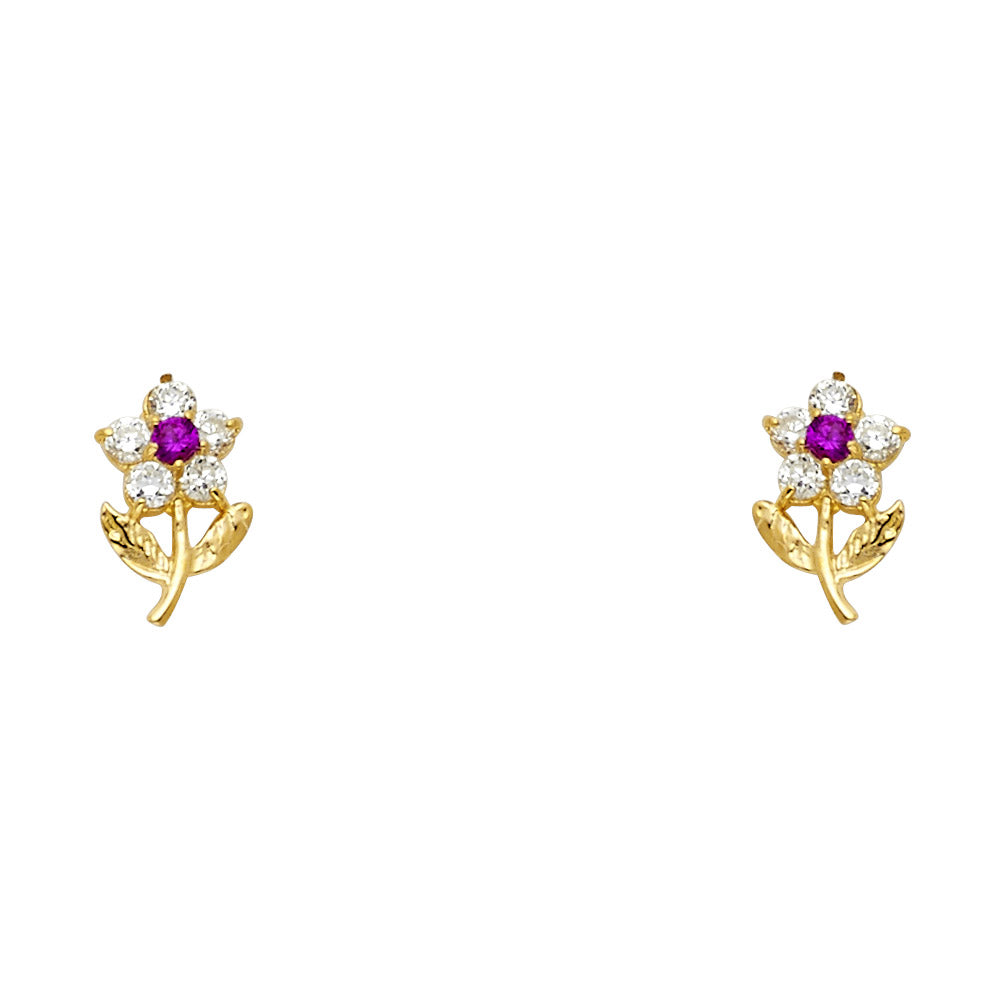 14K Yellow Gold Flower Red CZ Branch Stud (ST239)