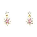 14K Yellow Gold Hanging Flowe Pink CZ Studs (ST243)