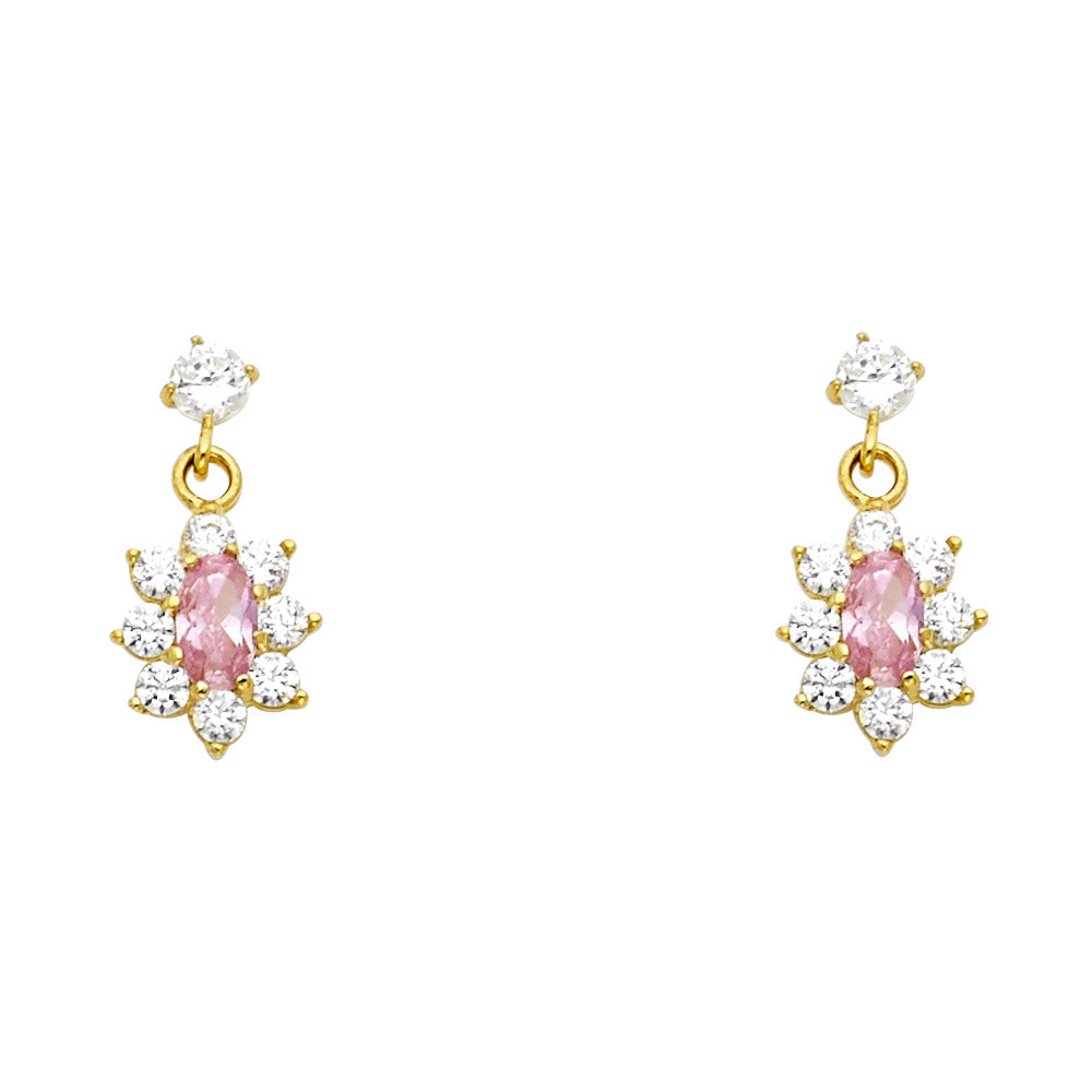 14K Yellow Gold Hanging Flowe Pink CZ Studs (ST243)