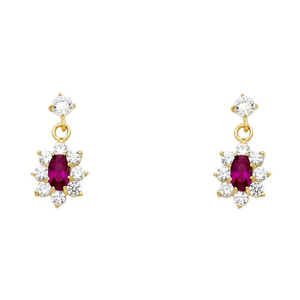14K Yellow Gold Hanging Flowe Red CZ Studs (ST244)
